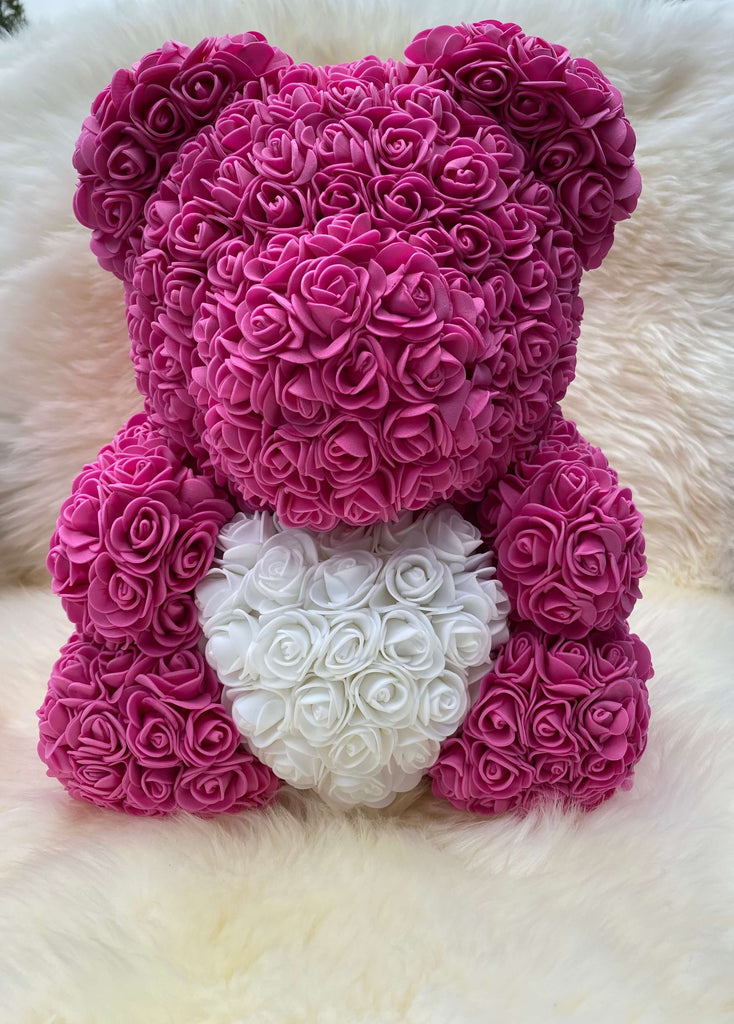 Mørkerosa m/ Hvitt Hjerte Rosebamse
